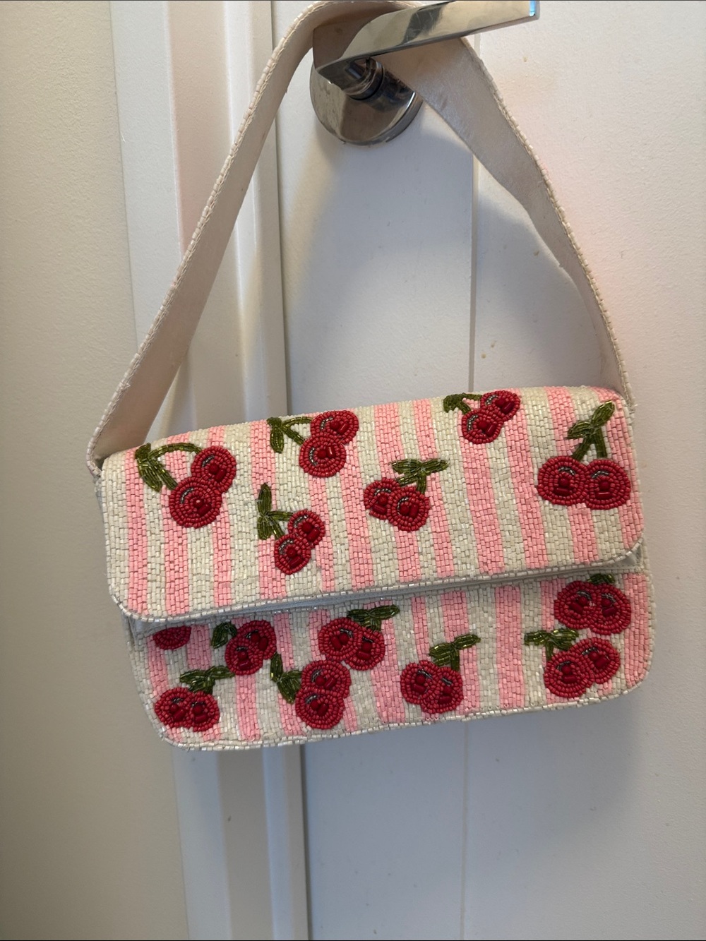 Beaded Cherry Embellished Pink Stripe Shoulder Bag